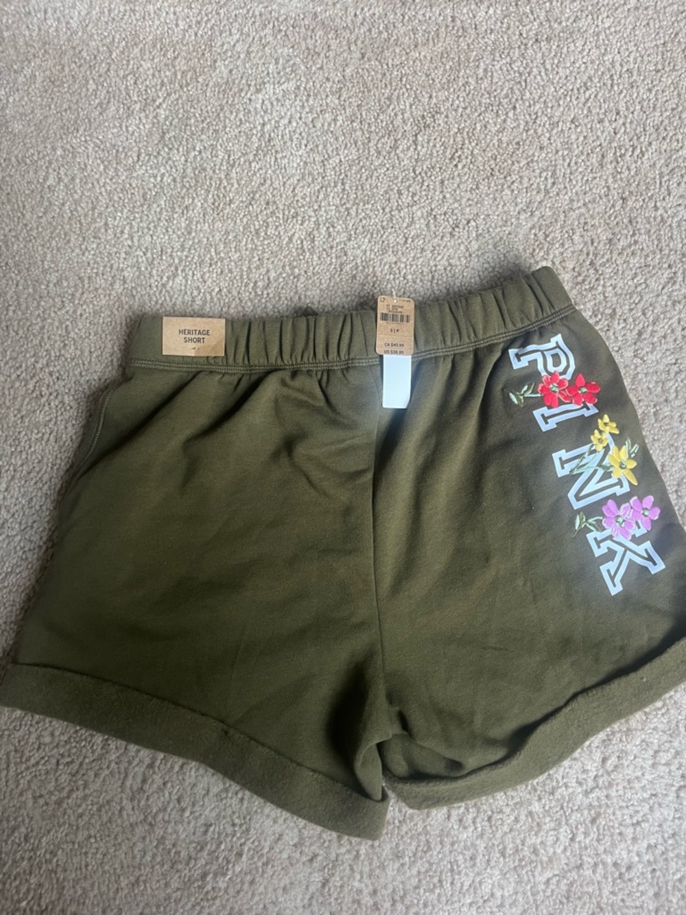 PINK Victoria's Secret Olive Green Athletic Shorts with Floral Logo